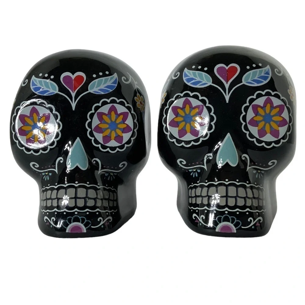 Sugar Skull Salt Pepper Shaker Set Ceramic Day of the Dead Multicolor Black 2 PC